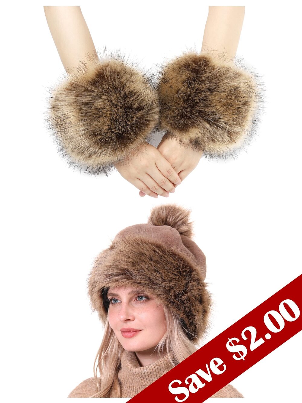 5569 Faux Fur Wrist Cuffs & Pompom Cap Raccoon Winter Warm 2pc Set